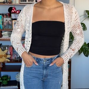 Open-Knit Longline Cardigan Sweater - Cream